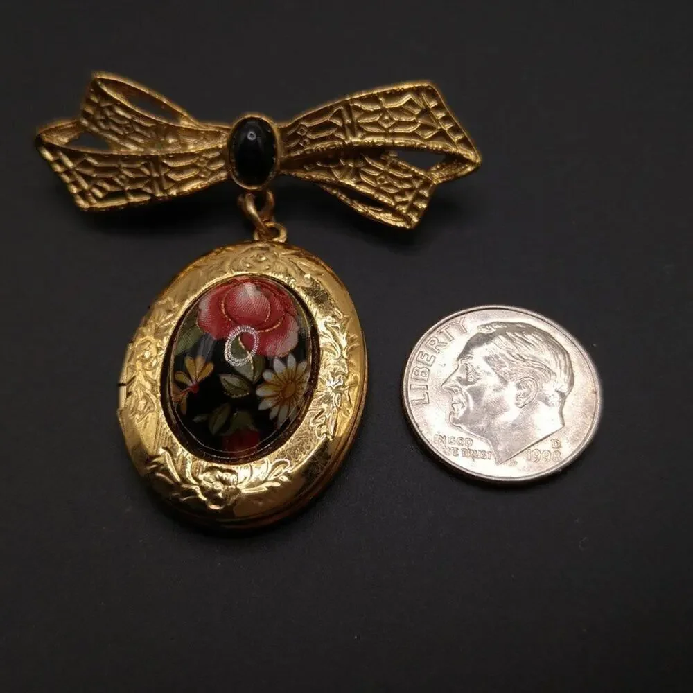 1928 Company Vintage Locket Brooch, Floral Cabochon, Photos 1
